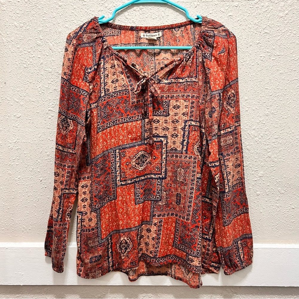 Ruff Hewn Peasant Orange Patterned Blouse Petite Medium